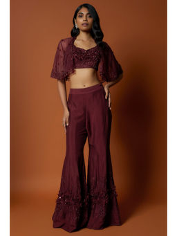 MEHAK MURPANA - Maroon Embroidered Blouse, Sharara Pant, Short Jacket (Set of 3)