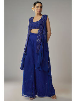 MEHAK MURPANA - Royal Embroidered Blue Blouse With Pant And Jacket (Set of 3)