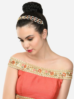 Zaveri Pearls - Pink Crescent Multistrand Pearls Bridal Head Chain-ZPFK14921