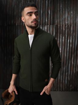 High Star - Olive Acrylic Knitted Relaxed Fit High Neck Full Sleeves Jacket