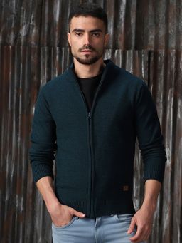 High Star - Teal Acrylic Knitted Regular Fit High Neck Full Sleeves Jacket