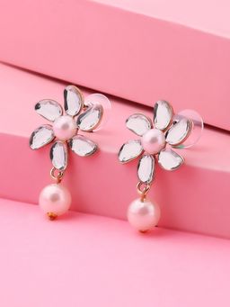 Estele - Gold Plated Flower Pearl Drop Stud Earrings for Women