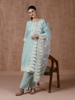 Shree - Women Turquoise Linen Embroidered Kurta with Pant and Dupatta