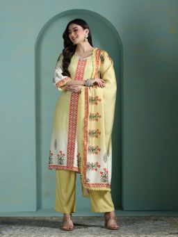 Shree - Women Yellow Liva Floral Kurta with Pant and Dupatta