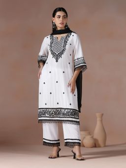 Shree - Women Off White Viscose Embroidered Kurta with Pant and Dupatta