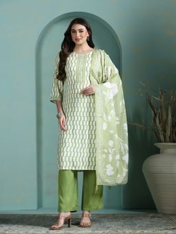 Shree - Women Green Liva Geometric Kurta with Pant and Dupatta
