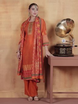 Shree - Women Orange Liva Floral Kurta with Pant and Dupatta