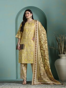 Shree - Women Mustard Cotton Abstract Kurta with Pant and Dupatta
