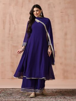 Shree - Women Purple Georgette Solid Kurta with Palazzo and Dupatta