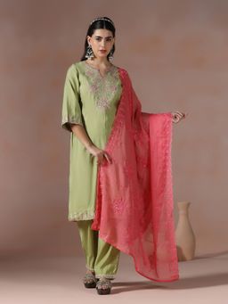 Shree - Women Green Chanderi Embroidered Kurta with Pant and Dupatta