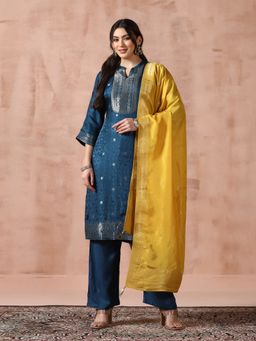 Shree - Women Blue Jacquard Woven Kurta with Pant and Dupatta