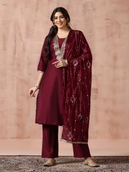 Shree - Women Maroon Silk Blend Embroidered Kurta with Pant and Dupatta