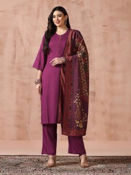 Shree - Women Purple Liva Floral Kurta with Pant and Dupatta