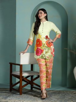 Shree - Women Yellow Liva Floral Kurta with Pant