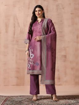 Shree - Women Burgundy Liva Floral Kurta with Pant and Dupatta