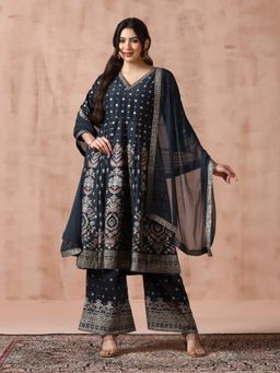 Shree - Women Grey Chanderi Floral Kurta with Palazzo and Dupatta