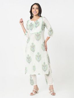 R&B - Women White Cotton Floral Kurta with Pant