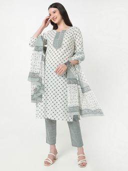 R&B - Women White Cotton Abstract Kurta with Pant and Dupatta