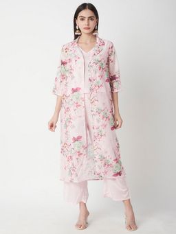 R&B - Women Peach Polyester Floral Jacket with Inner Top and Palazzo