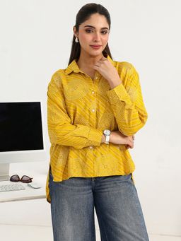 Gerua By Libas - Yellow Bandhani Printed Panelled High Low Shirt