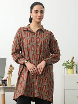 Gerua By Libas - Grey Ethnic Motif Printed Flared Top