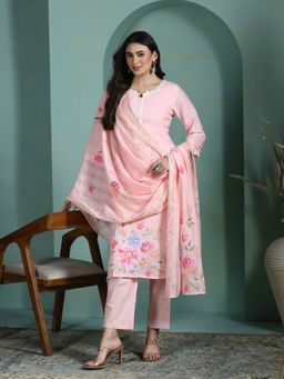 Shree - Women Pink Linen Embroidered Kurta with Pant and Dupatta