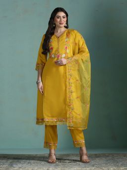 Shree - Women Mustard Silk Blend Embroidered Kurta with Pant and Dupatta