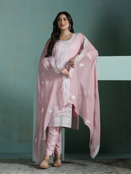 Shree - Women Pink Organza Embroidered Kurta with Pant and Dupatta
