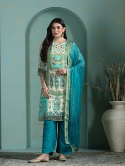 Shree - Women Cream Georgette Paisley Kurta with Pant and Dupatta