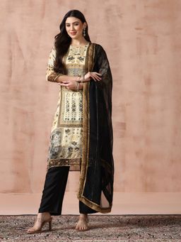Shree - Women Beige Georgette Abstract Kurta with Pant and Dupatta