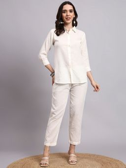 Aayusika - Women Cream Cotton Blend Solid Co-Ord Set