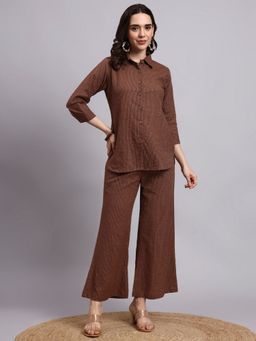 Aayusika - Women Brown Cotton Blend Stripes Co-Ord Set
