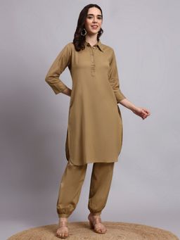 Aayusika - Women Khaki Cotton Flex Solid Kurta with Salwar