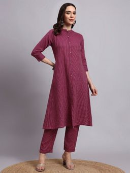 Aayusika - Women Purple Cotton Blend Stripes Kurta with Trouser