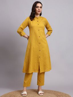 Aayusika - Women Yellow Cotton Blend Stripes Kurta with Trouser