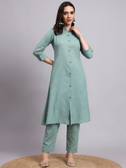 Aayusika - Women Green Cotton Blend Stripes Kurta with Trouser