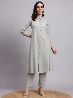 Aayusika - Women Grey Cotton Blend Stripes Kurta with Trouser