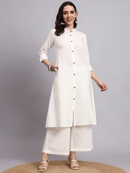 Aayusika - Women Cream Cotton Blend Stripes Kurta with Palazzo