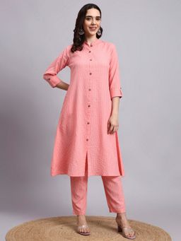 Aayusika - Women Pink Cotton Blend Stripes Kurta with Pant