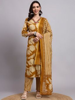 Aayusika - Women Mustard Cotton Floral Kurta with Pant and Dupatta