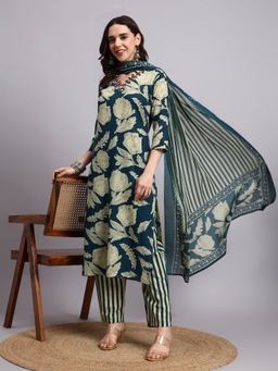 Aayusika - Women Blue Cotton Floral Kurta with Pant and Dupatta