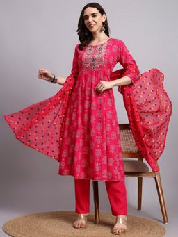 Aayusika - Women Pink Cotton Lurex Embroidered Kurta with Pant and Dupatta