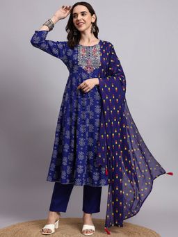 Aayusika - Women Blue Cotton Blend Embroidered Kurta with Pant and Dupatta