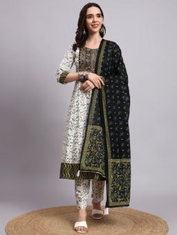 Aayusika - Women Cream Cotton Blend Embroidered Kurta with Pant and Dupatta