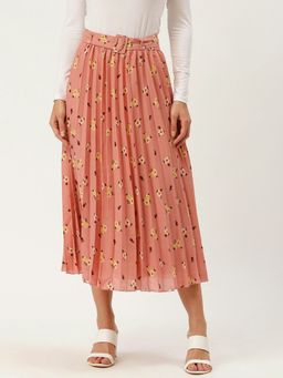 Carlton London - Peach-coloured & Yellow Printed Accordion Pleated Midi Flared Skirt