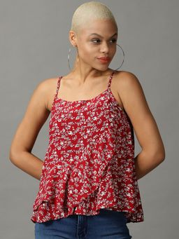 SHOWOFFFF - Womens Sleeveless Shoulder Straps Maroon Printed Top