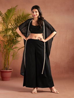 Kasya - Black Viscose Straight Fit Embroidered Crop Top Co-Ord Set with Shrug (Set of 3)
