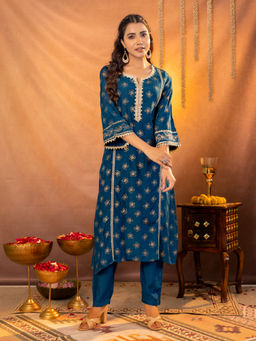 Kasya - Teal Blue Gold Printed Muslin Co-Ord (Set of 2)
