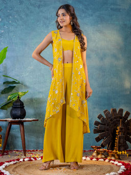 Kasya - Mustard Viscose Santoon Crop Top and Palazzo with Georgette Shrug (Set of 3)