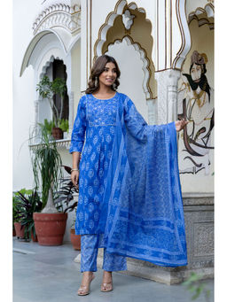 Kohsh - Womens Cotton Ethnic Motif A-Line Kurta Wide Leg Pant Dupatta (Set of 3)